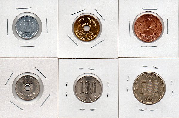 Série de Moedas do Japão 1, 5, 10, 50, 100, 500 Ienes