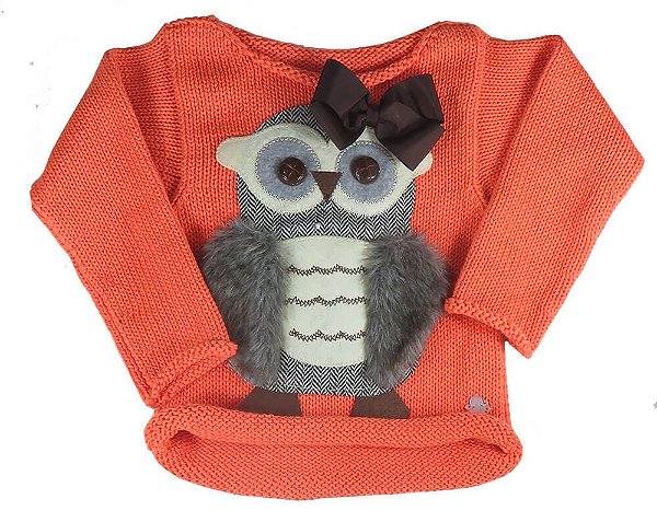 Blusa de Menina Kids na net tricô coruja marrom laço laranja