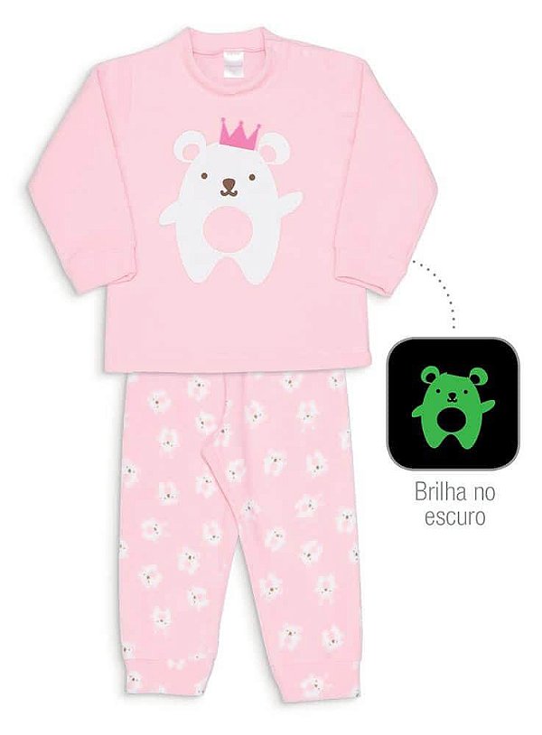Pijama Infantil Dedeka Pijama De Soft Que Brilha No Escuro Rosa Urso Coroa