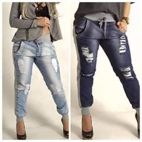 calça jeans com moletom no cós e nas laterais