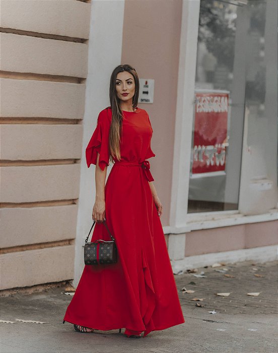 vestido vermelho longo com manga