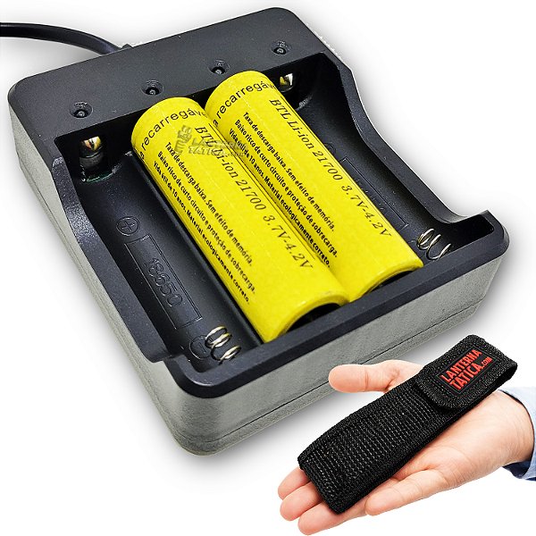 Kit Carregador Quadruplo Fast Charger Mais Duas Super Baterias 21700 de Longa Duração + Brinde Capa Para Lanterna Tática