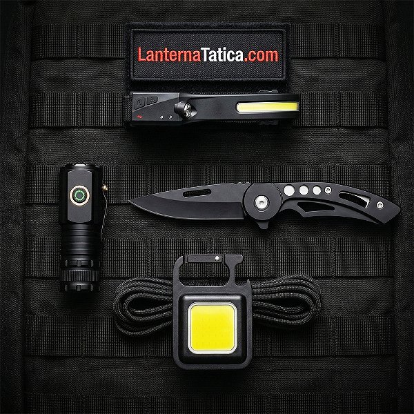 Kit Tático EDC Brutos-1 Com 4 Itens: Lanterna Brutos Mini + Canivete T-Force + Mini Refletor + Lanterna de Cabeça NanoBar