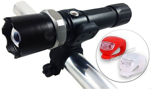 Kit Farol Led Bike 340.000 Lumens Com Zoom + Lanterna Traseira Sinalizador P/ Bicicleta