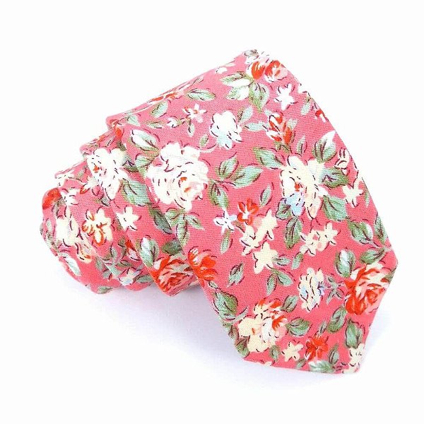 Gravata Slim Floral Rosa Algodão