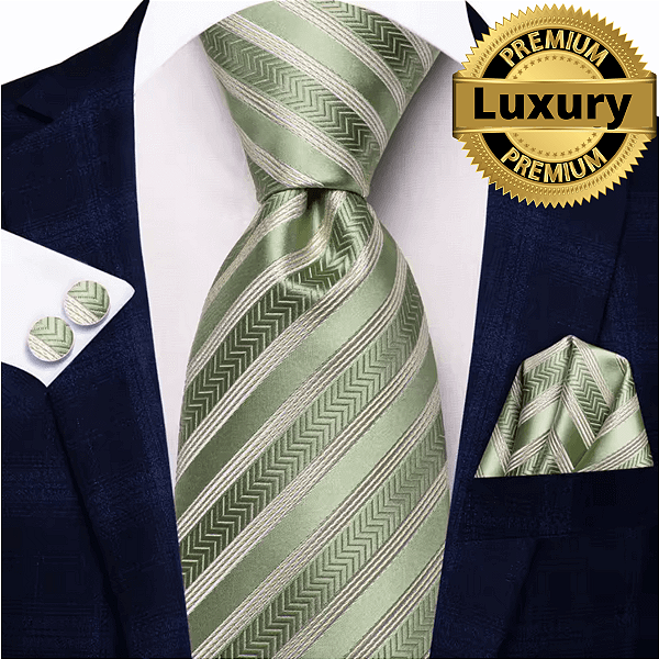 Gravata de Seda Verde Oliva Premium + Lenço + Abotoaduras