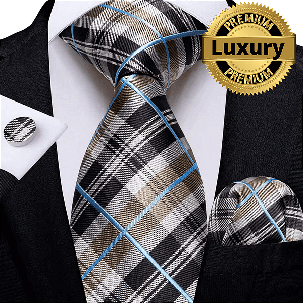 Gravata de Seda Marrom Xadrez + Lenço + Abotoaduras Premium