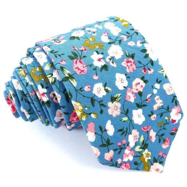 Gravata Slim Floral Azul Linha Algodão Premium