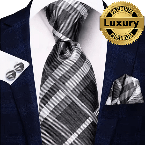 Gravata de Seda Xadrez Preta Executiva + Lenço + Abotoaduras