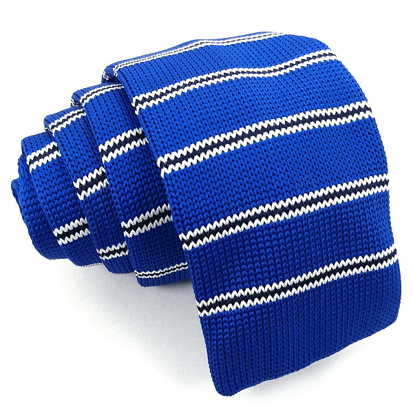 Gravata Slim Crochê Tricô Listrada Azul