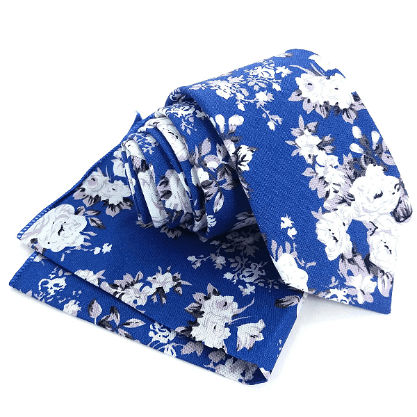 Kit Gravata Slim e Lenço de Bolso Floral Azul Algodão Premium