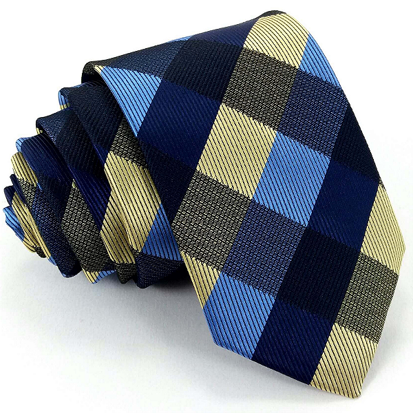 Gravata Slim Xadrez Azul e Amarela