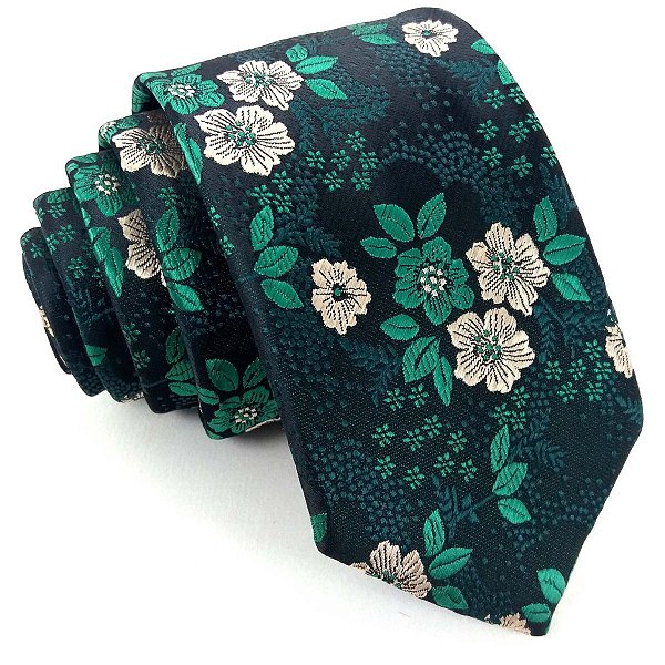 Gravata Slim Floral Verde Linha Premium