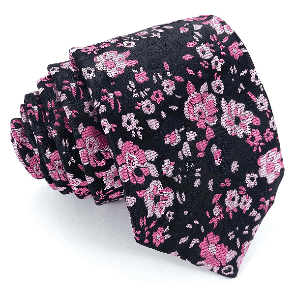 Gravata Slim Floral Preta e Rosa Linha Elegante