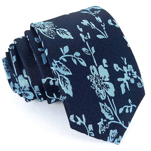 Gravata Slim Floral Azul Marinho Luxo
