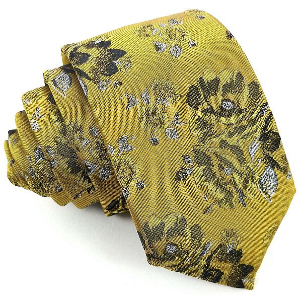 Gravata Slim Floral Amarela Premium