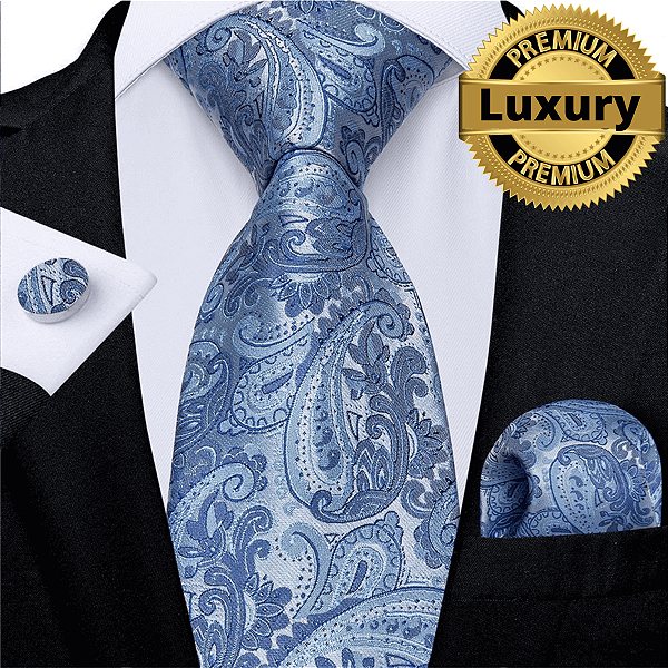 Gravata de Seda Azul Serenity Lenço + Abotoaduras