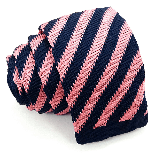 Gravata Slim Crochê Tricô Rosa Listrada