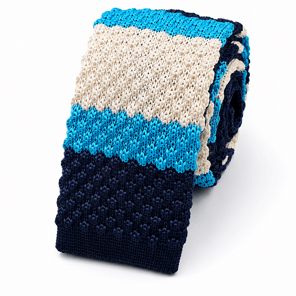 Gravata Slim Crochê Tricô Azul Bege Listrada