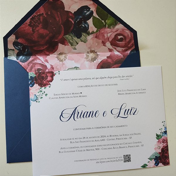 Convite Casamento Forrado Azul Escuro com Marsala
