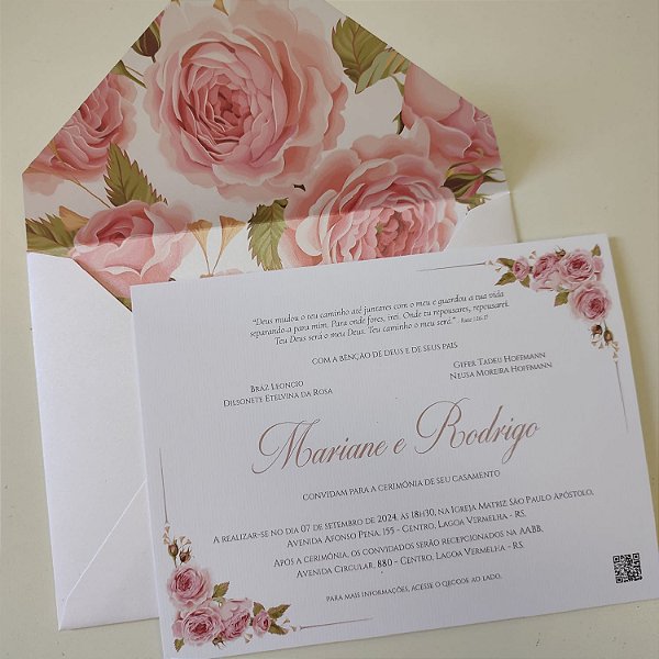 Convite Casamento Forrado Branco Perolado Floral Rosa