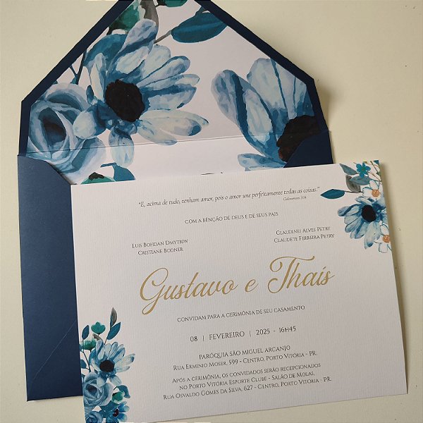 Convite De Casamento Forrado Envelope Azul Escuro