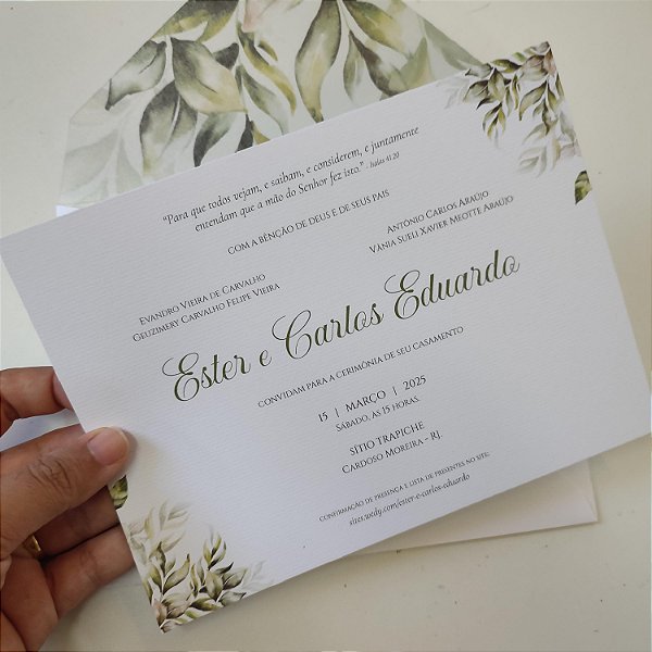Convite Casamento Forrado Folhagem Envelope Branco Perolado