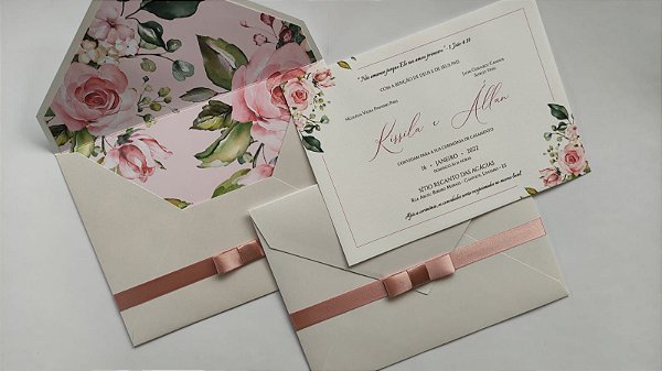 Convite Casamento Forrado com fita de cetim Rosê - Bellagi Convites