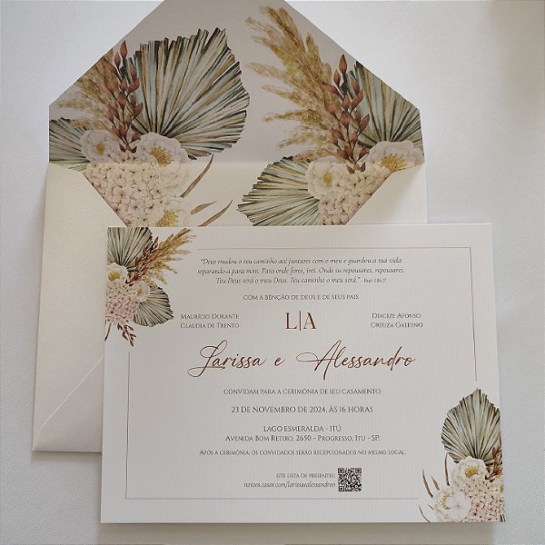 Convite De Casamento Forrados Branco Perolado Capim dos Pampas