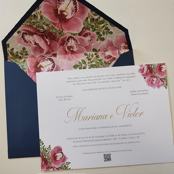 Convite Casamento Forrado Orquídea Fucsia com envelope Azul
