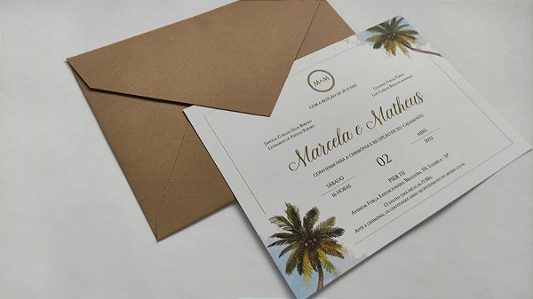 Convite Casamento Envelope KRAFT Rústico e Meia Pérola Praia / Praiano