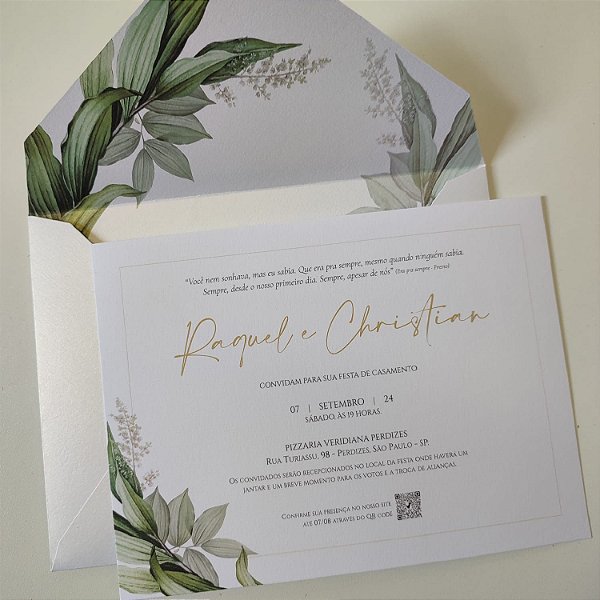 Convite Casamento Forrado Branco Perolado Folhagem