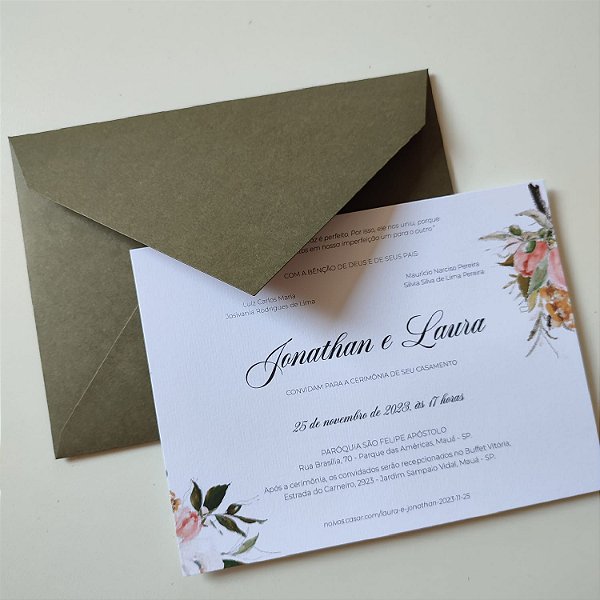 Convite Casamento C/ Envelope Verde Oliva