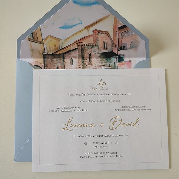 Convite Casamento Forrado Envelope Azul Serenity Aquarela