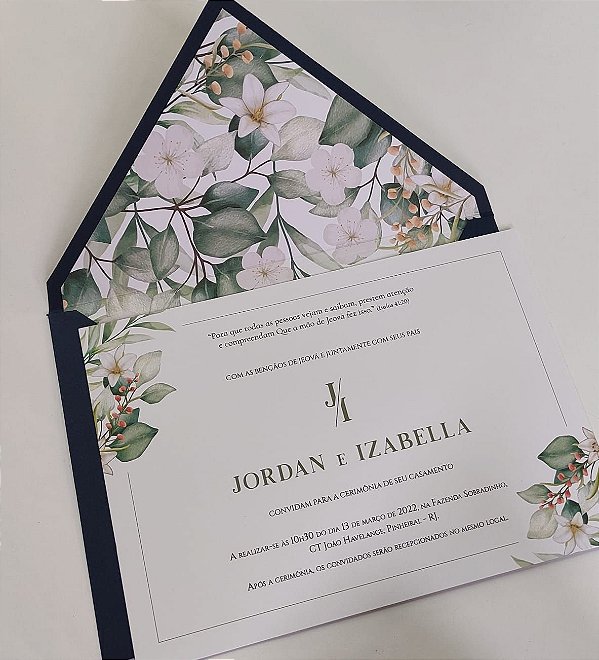 Convite Casamento Forrado Folhagem Envelope Azul Escuro