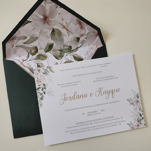 Convite Casamento Forrado Envelope Verde Escuro Folhagem Seca