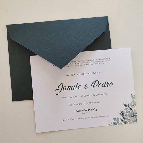 Convite Casamento Envelope Verde Escuro Folhagem