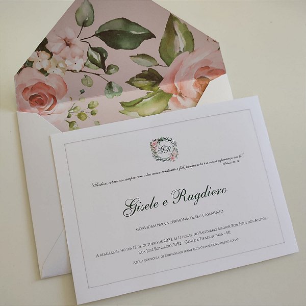 Convite Casamento Forrado Floral Rosê