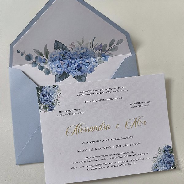Convite Casamento com Envelope Azul Serenity Hortênsias