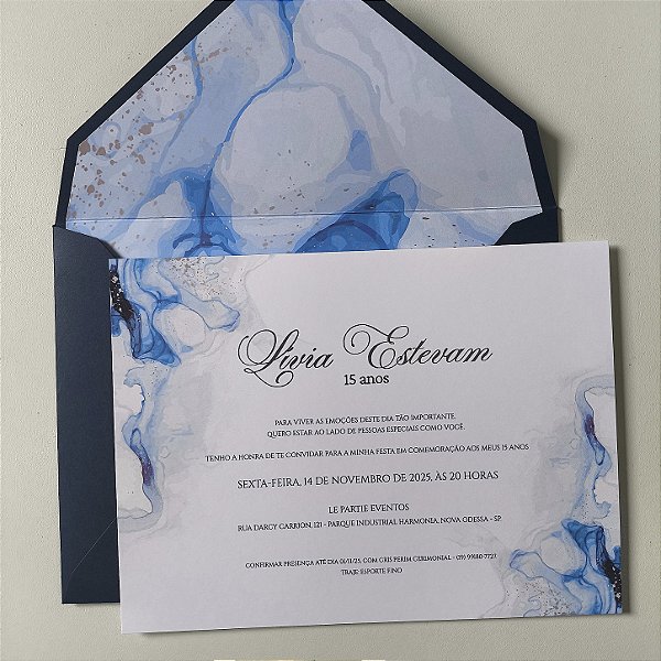 Convite 15 anos / Debutante Forrado Azul Escuro Metalizado Prata