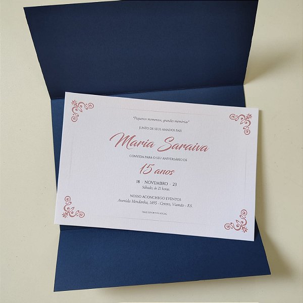 Convite 15 anos / Debutante Azul Escuro com rosê meia pérola