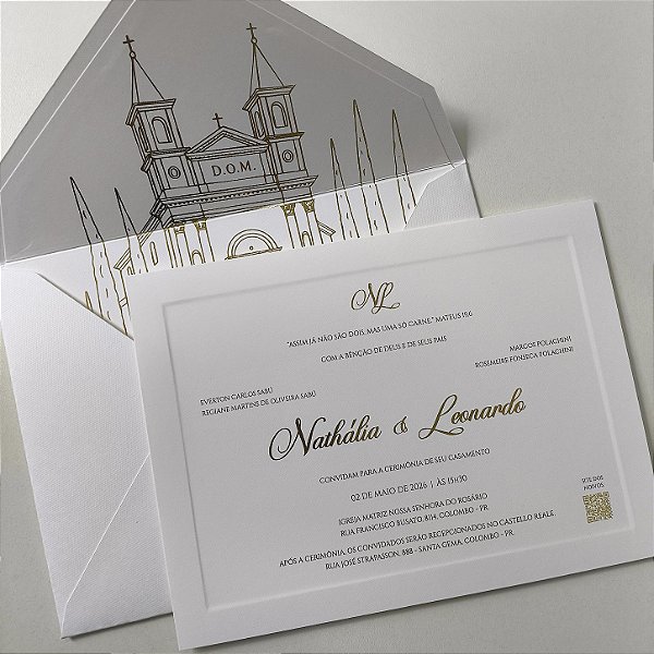 Convite Casamento Forrado Igreja Metalizada Dourada Borda Relevo