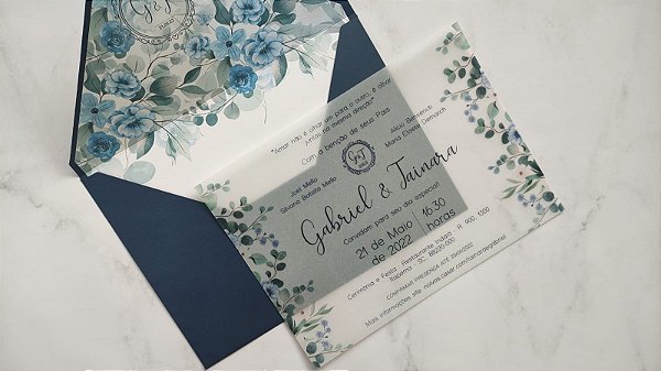 Convite Casamento Azul Escuro forrado com cartão no vegetal