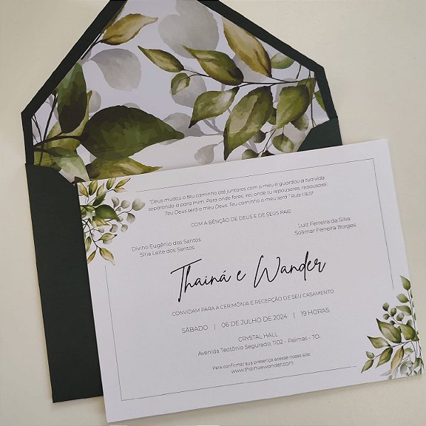 Convite Casamento Envelope Forrado  Verde Escuro Folhagem