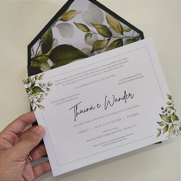 Convite Casamento Envelope Forrado Verde Escuro Folhagem Bellagi Convites 9364