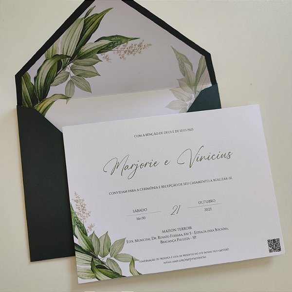 Convite Casamento Envelope Forrado  Verde Escuro Folhagem