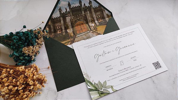 Convite Casamento Envelope Forrado  Verde Escuro Castelo