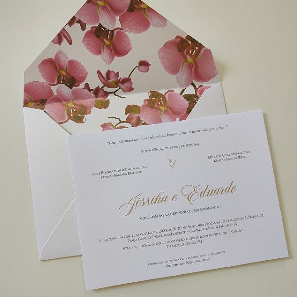 Convite Casamento Forrado Branco Perolado  Orquídea Fucsia
