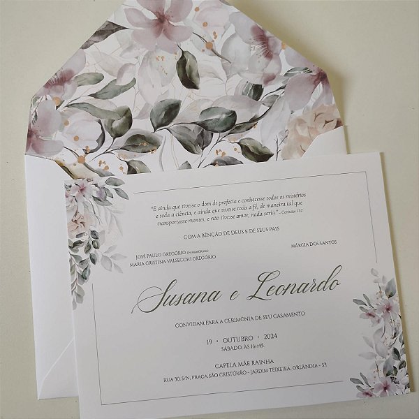 Convite com envelope Branco Fosco Forrado Folhagem Seca