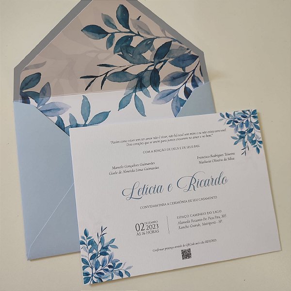 Convite Casamento Forrado Envelope Azul Serenity